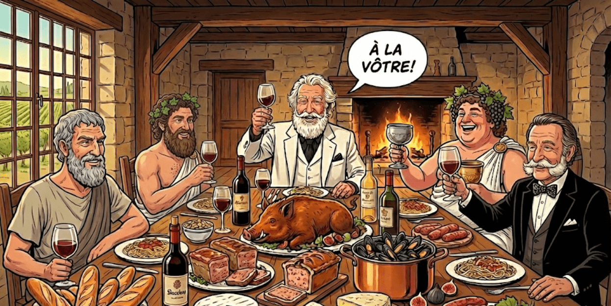 Une table conviviale entre amis - ambiance chaleureuse avec vin et bonne chère